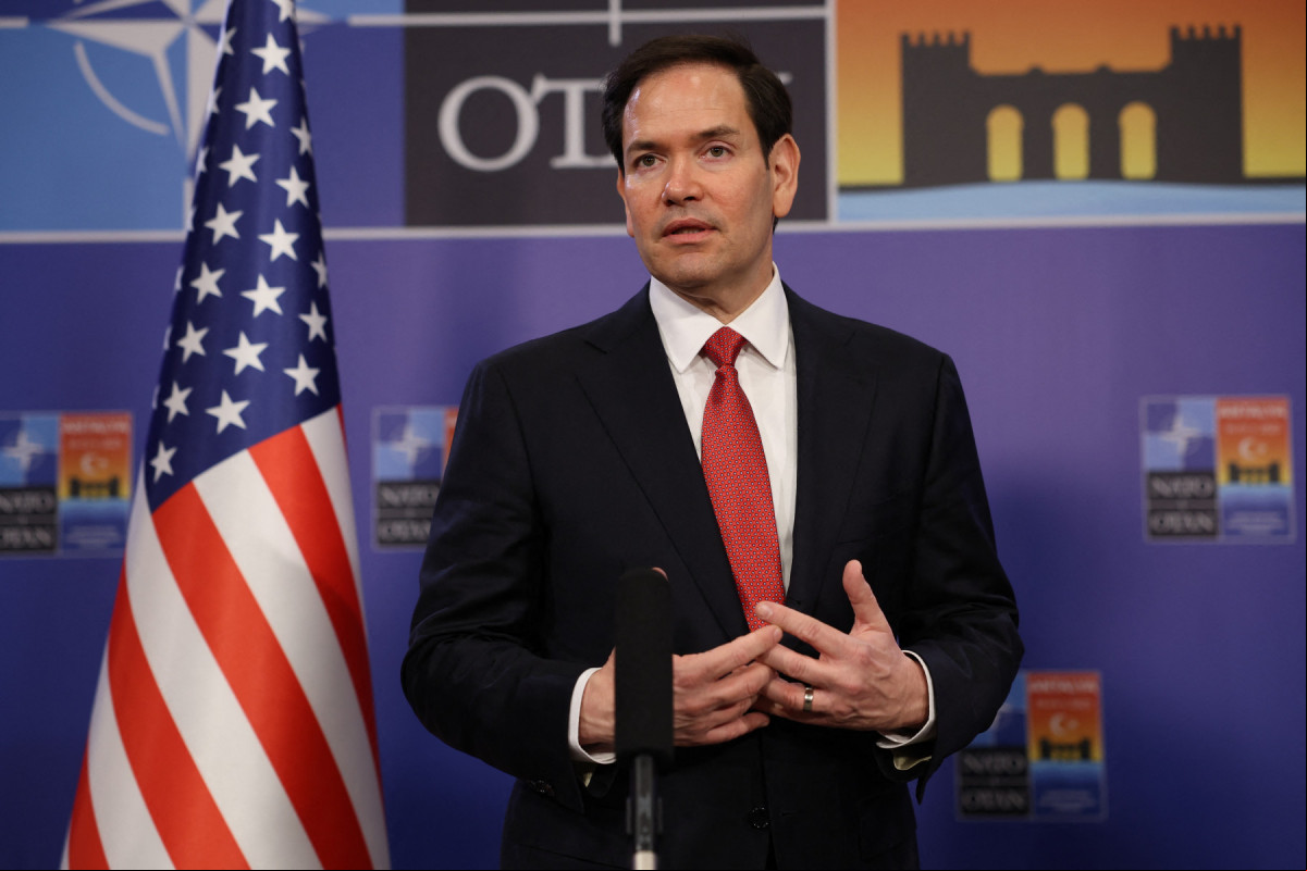  US Secretary of State Marco Rubio talks to the press during an informal meeting of The North Atlantic Treaty Organisation (NATO) foreign ministers ahead of potential peace talks between Ukraine and Russia in Turkey, in Antalya, on May 15, 2025. NATO chief Mark Rutte said that he was 